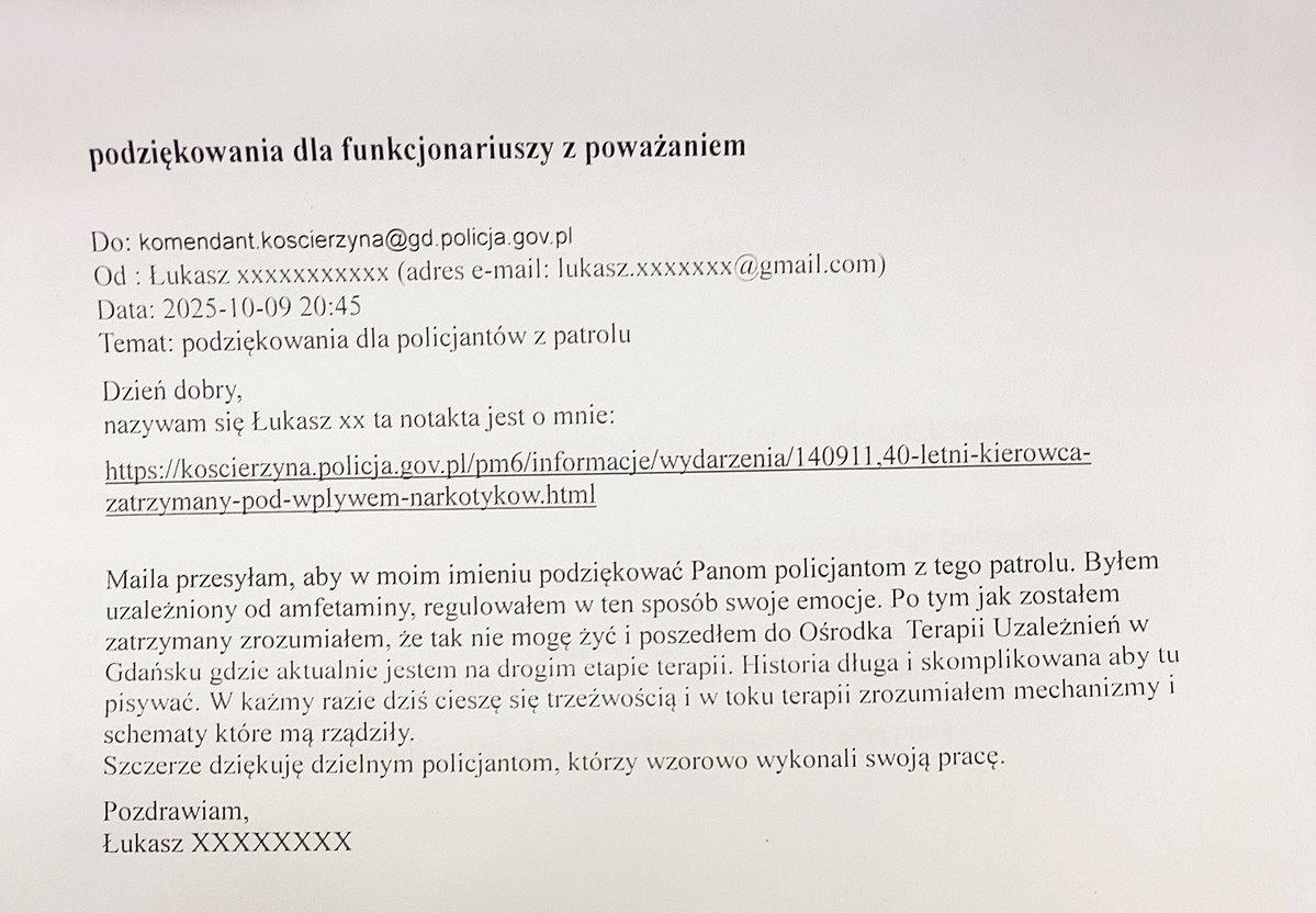 Podziękował policjantom, iż złapali go, gdy prowadził pod wpływem narkotyków [LIST]