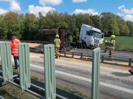 Tir przewrócił się na remontowanym odcinku autostrady! Z naczepy wysypała się kukurydza