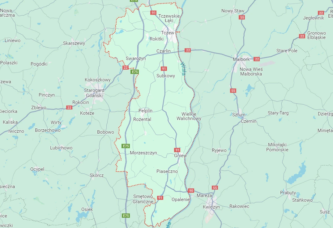 fot. Mapy Google / zrzut ekranu. Obszar powiatu tczewskiego